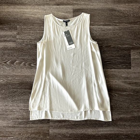 Eileen Fisher 100% Silk Georgette Crêpe Long Shell Bone Bateau Neck Top S Petite - Picture 13 of 16